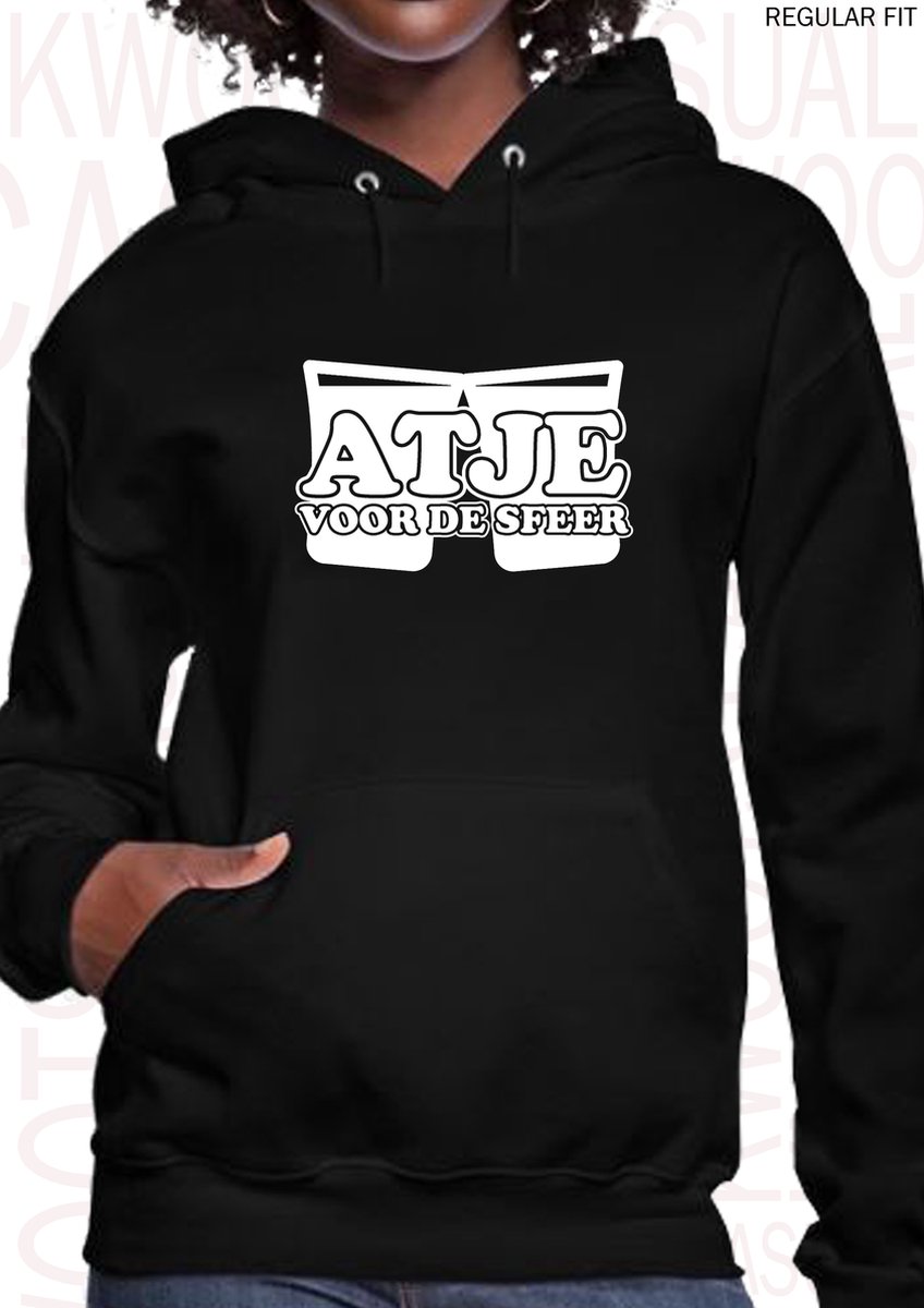 ATJE VOOR DE SFEER dames hoodie - Zwart - Maat L - lange mouwen - Met capuchon en steekzakken - grappige teksten - leuke truien | sweaters - humor - quotes - kwoots - kado - cadeau - Sfeermaker - Gezelligheid kent geen tijd - Getailleerd